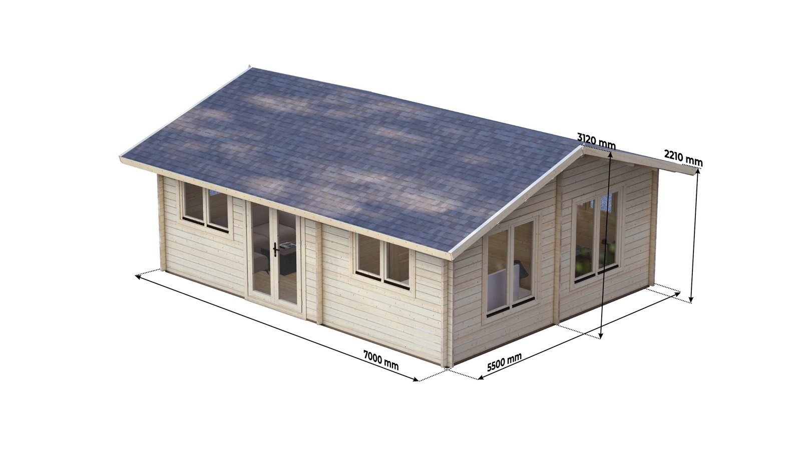 2 Bedroom Log Cabin 7×5.5m, 44mm – IX Large scale image