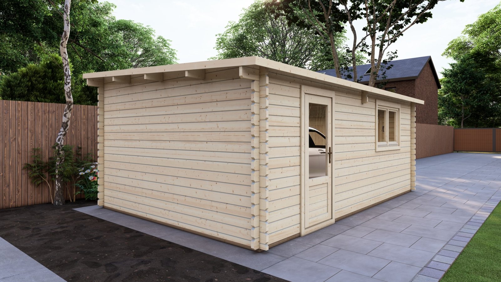Log Garage 4x6m, Pent, 44mm side view Large scale image