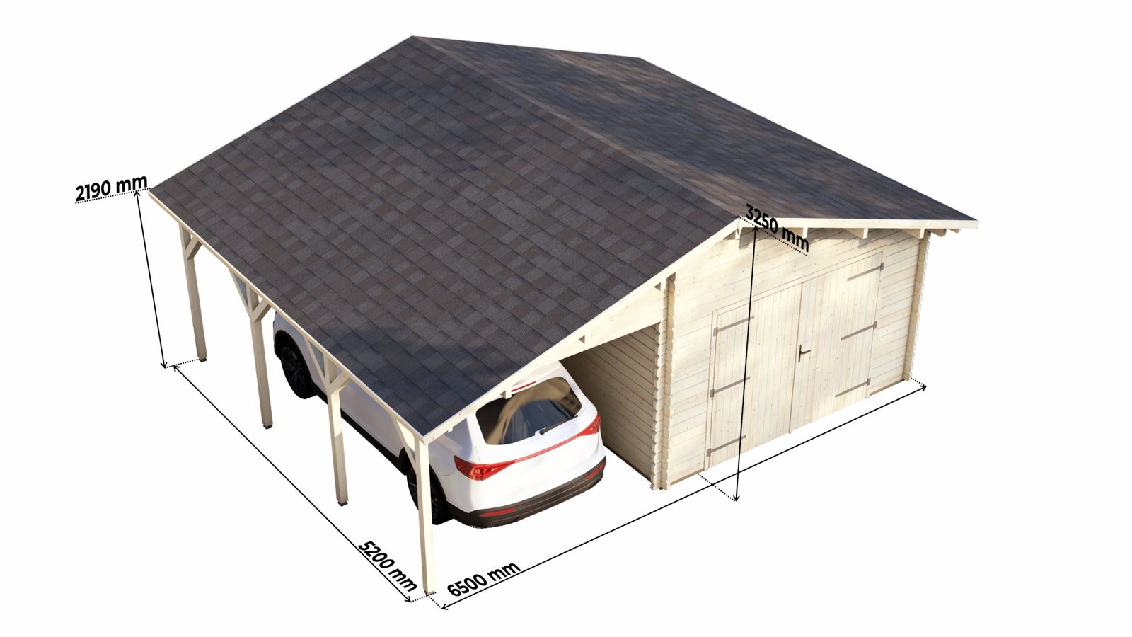 Log Garage with Carport 6.61×5.36m, 44mm sizes Large scale image