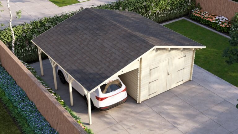 Log Garage with Carport 6.61×5.36m, 44mm top view carousel small image