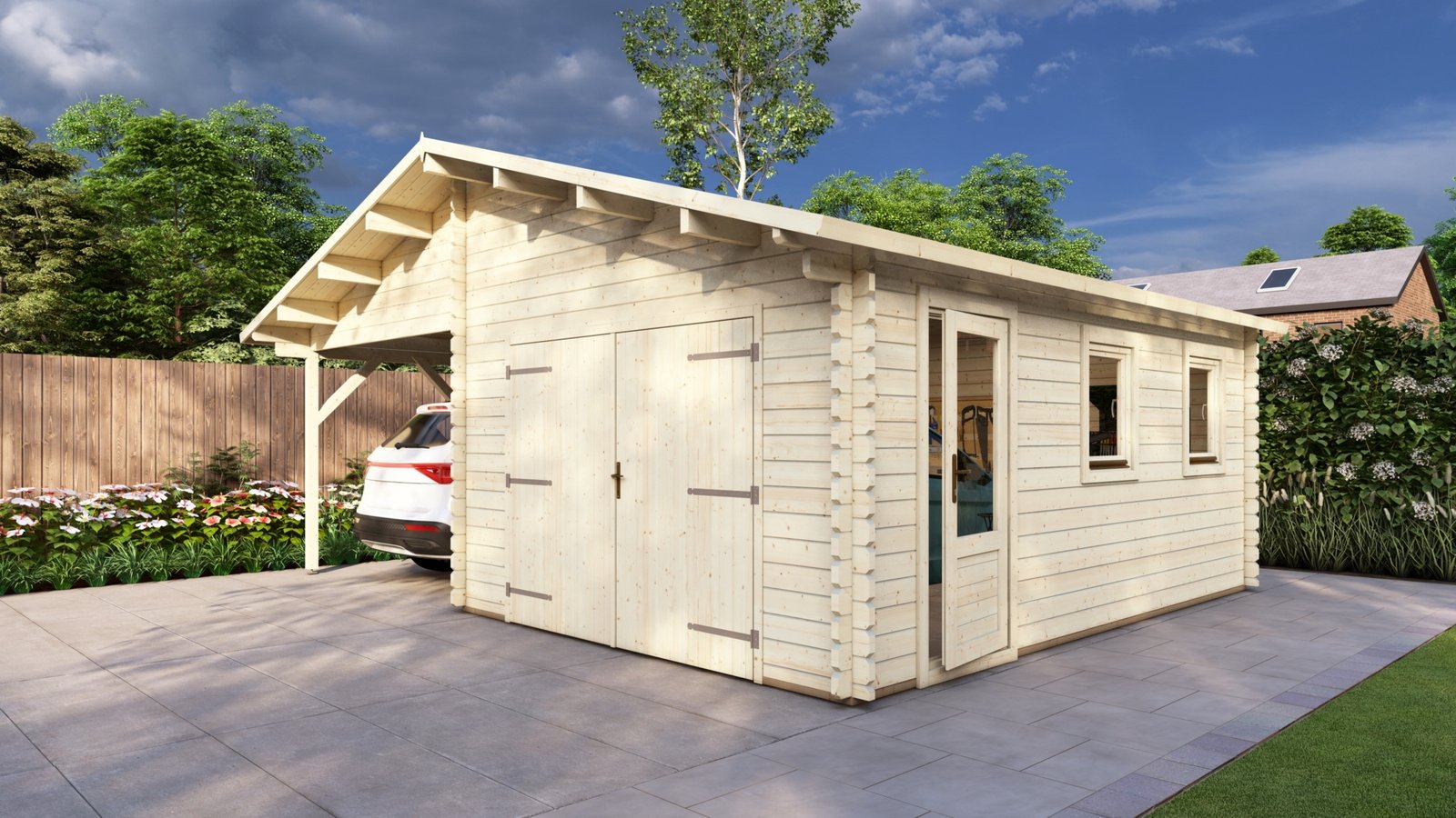 Log Garage with Carport 6.61×5.36m, 44mm Large scale image