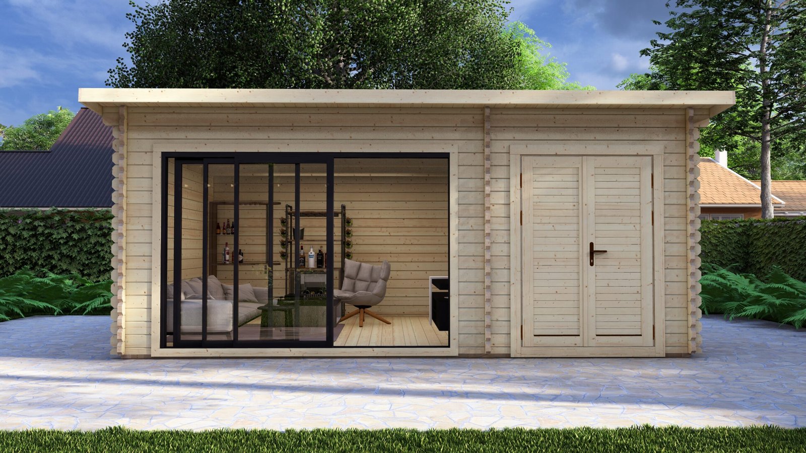 Modern Log Cabin 5.9×4.0m – Aluminium Sliding Doors – 2